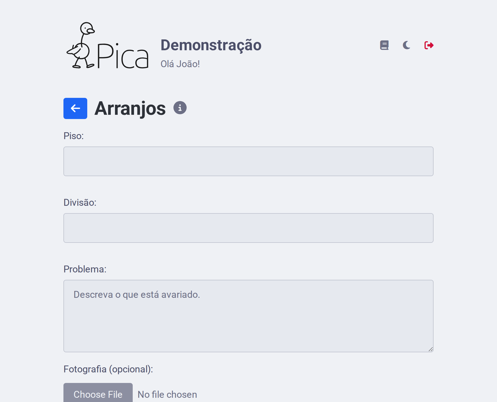Formulário dos arranjos, com os campos do piso, da divisão, do problema e da fotografia.
