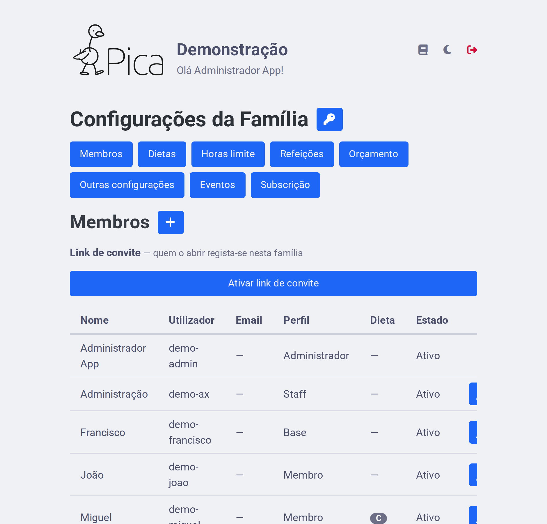 Ecrã de configurações da família, com os separadores de membros, dietas, horas limite e refeições.