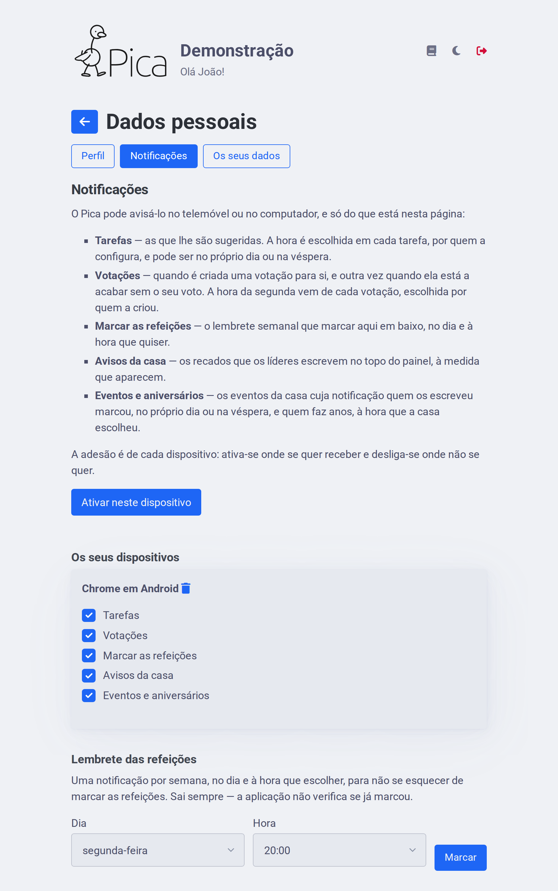 Página das notificações, com a lista do que é notificado, o botão de ativar, um dispositivo com os seus interruptores e o lembrete semanal das refeições.