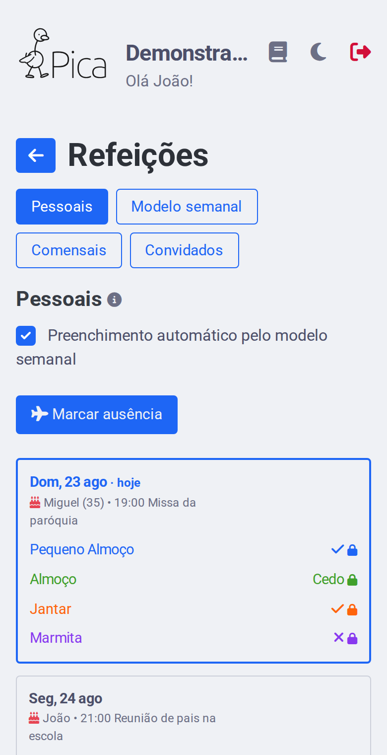 Grelha das refeições no telemóvel, com os dias e as refeições de cada dia.