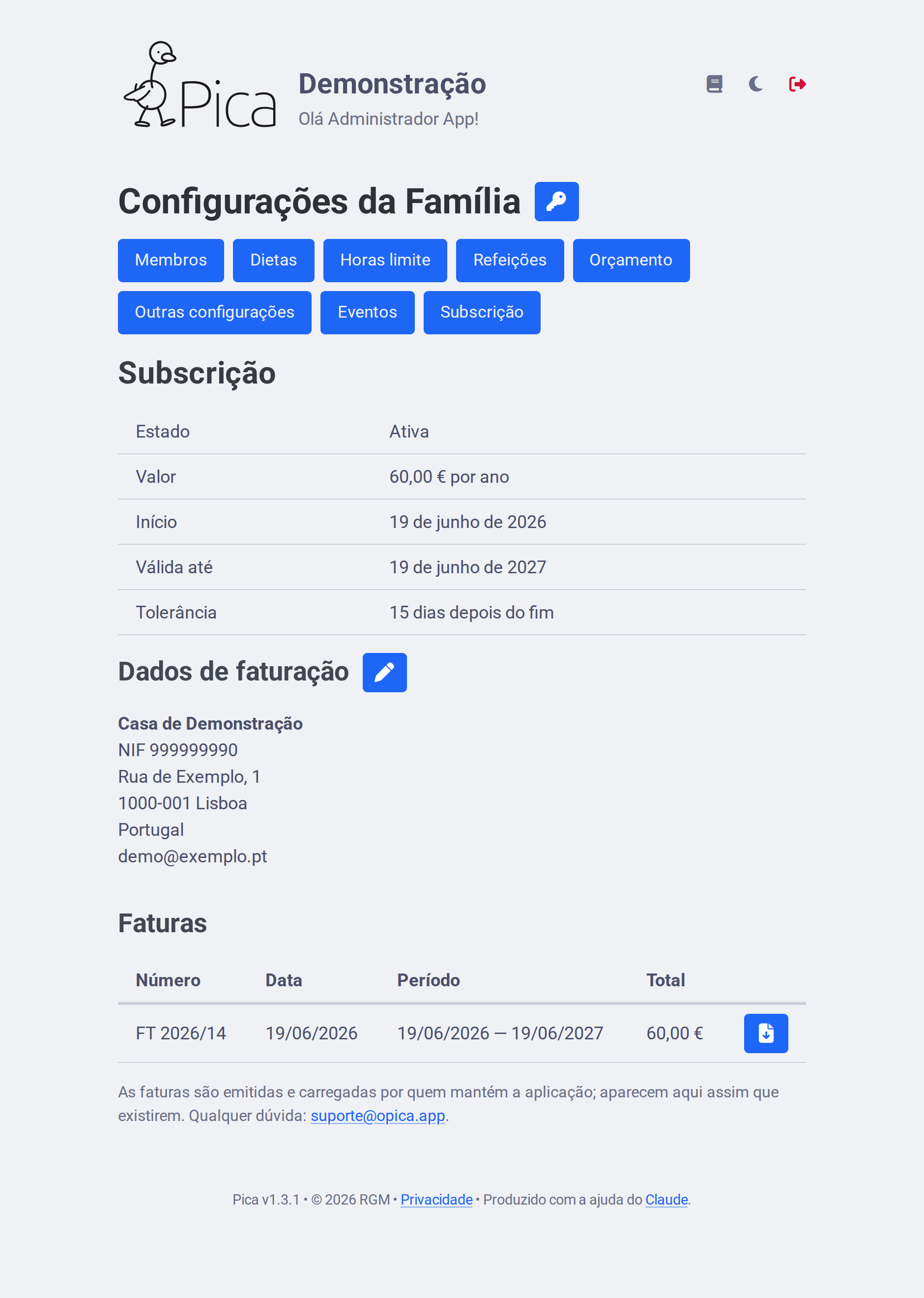 Separador da subscrição, com o estado, os dados de faturação e a lista de faturas.