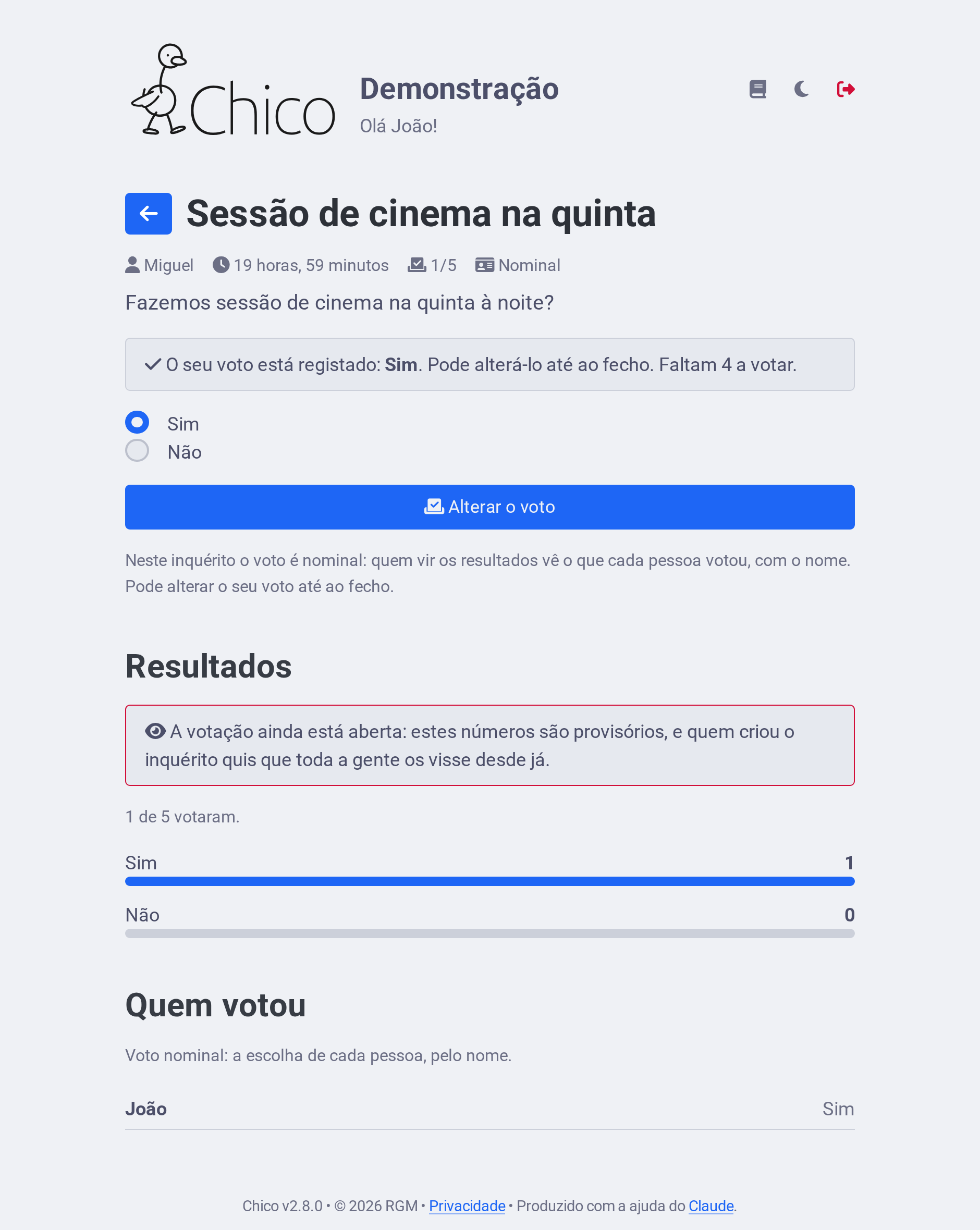 Inquérito nominal com os resultados à vista: o voto registado, o formulário para o alterar, os números provisórios e a lista de quem votou.