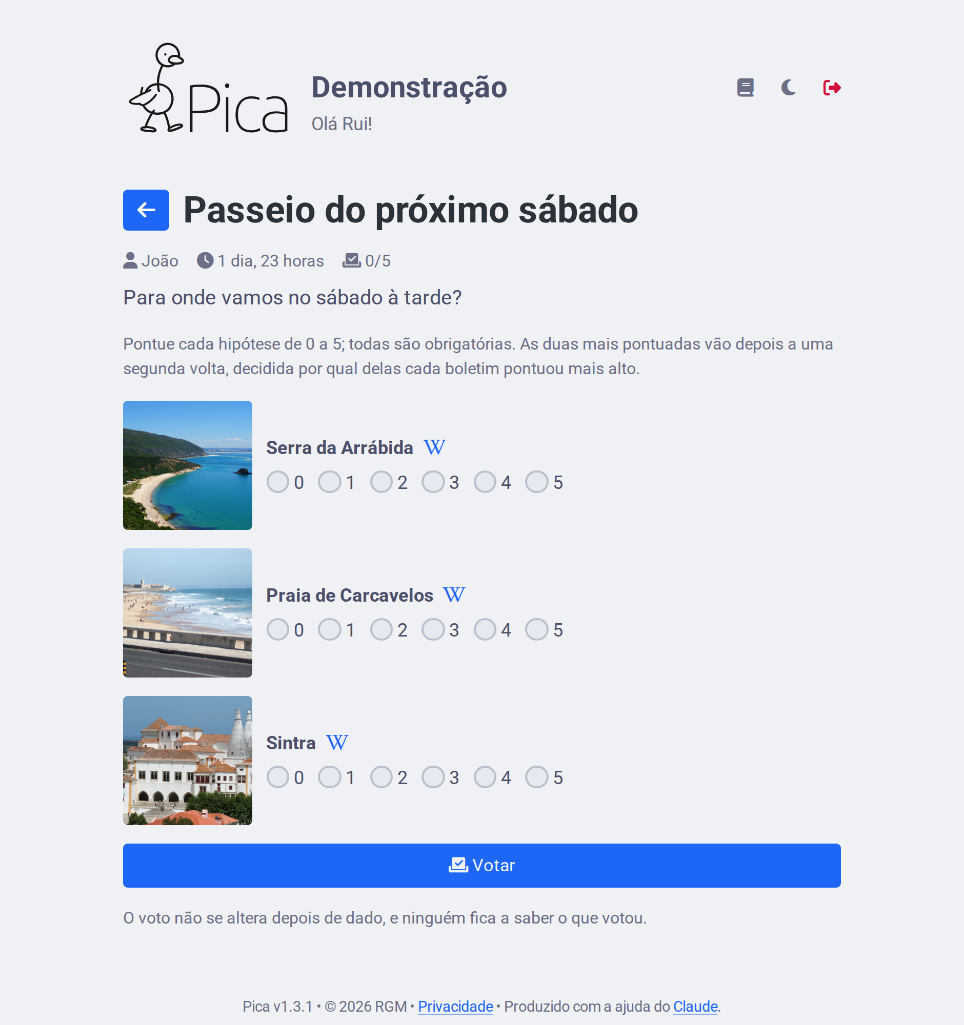 Inquérito por estrelas, com uma imagem e a escala de 0 a 5 em cada hipótese.